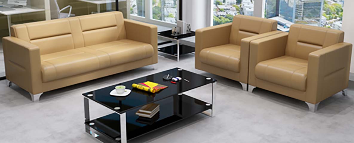 Modern Beige Faux Leather Office Reception Sofa Set with Black Glass Coffee Table