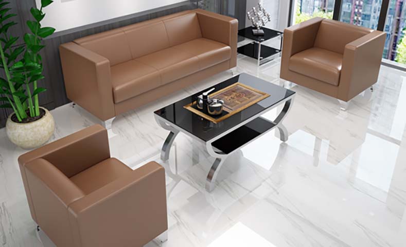 Tan Faux Leather Office Reception Sofa Set with Glass Coffee Table and Side Table