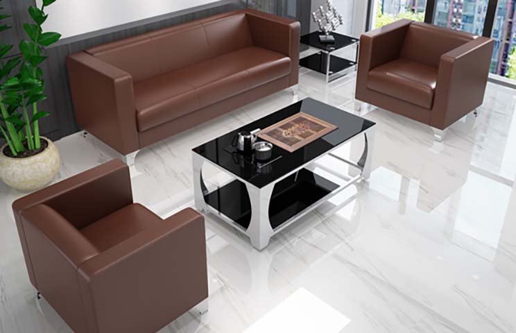 4-Piece Brown Faux Leather Office Reception Sofa Set with Coffee Table & Side Table