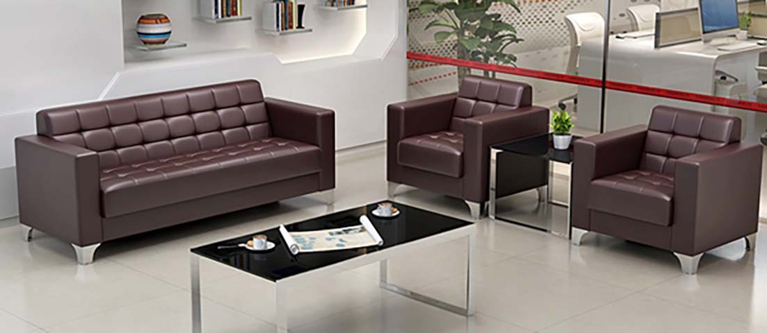 5-Piece Tufted Dark Brown Faux Leather Office Reception Set with Black Glass Coffee Table and Side Table