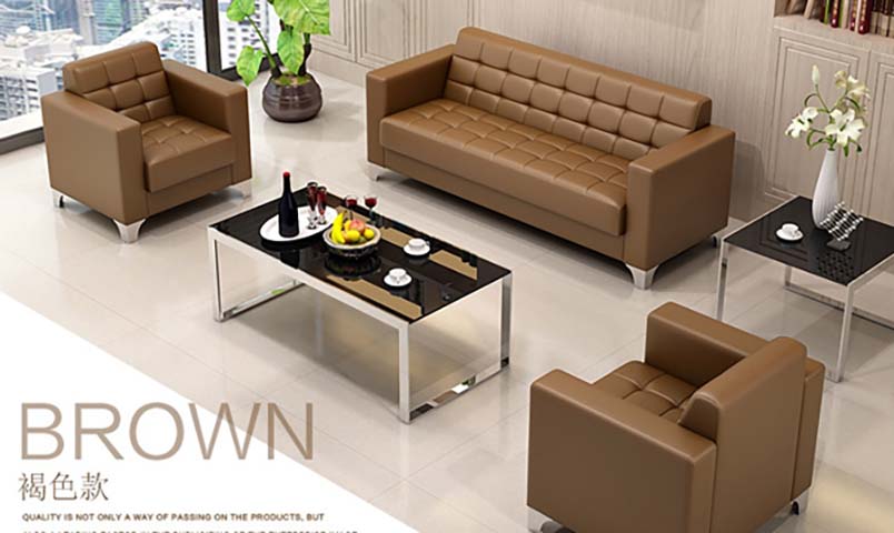 Brown Faux Leather Tufted Office Reception Sofa Set