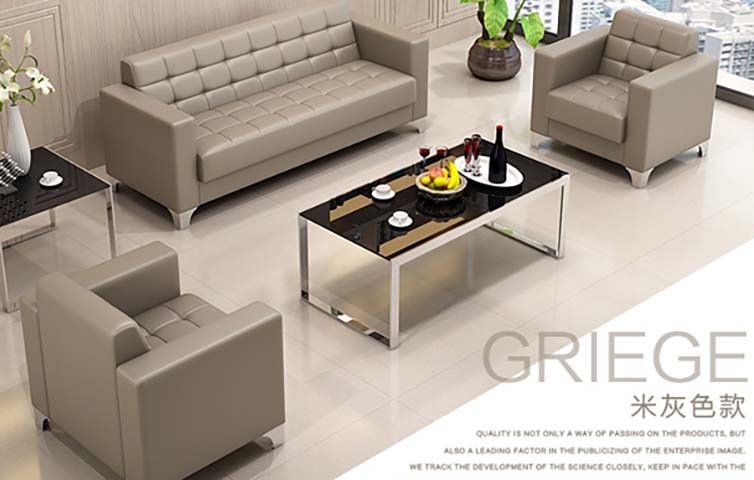 Griege Faux Leather Office Reception Sofa Set with Glass Coffee Table
