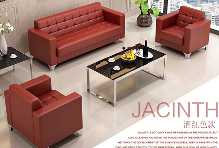 Jacinth Wine Red Leather Office Sofa Set (3+1+1 Seats) with Matching Coffee Table