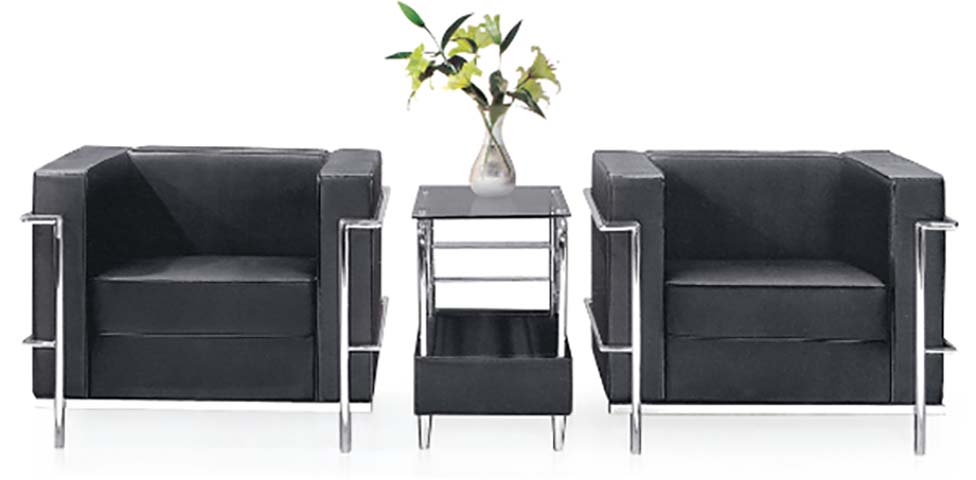 LC3 Style Black Leather Single Seater Office Sofa with Matching Side Table (2+1 Set)