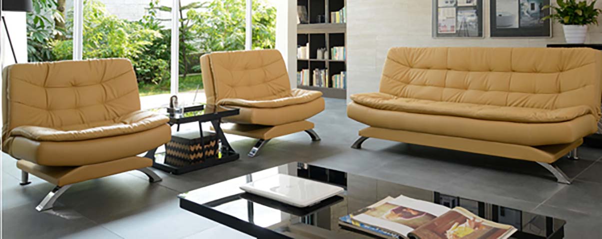 3-Piece Contemporary Camel Faux Leather Upholstered Sofa Set with Polished Chrome Legs