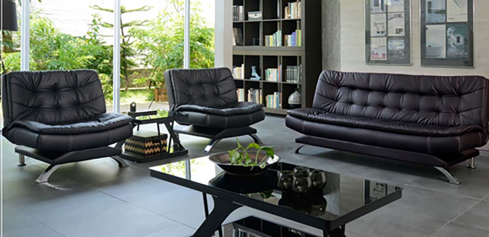 Black Faux Leather 3-Piece Living Room Sofa Set with Glass Coffee Table and Side Table