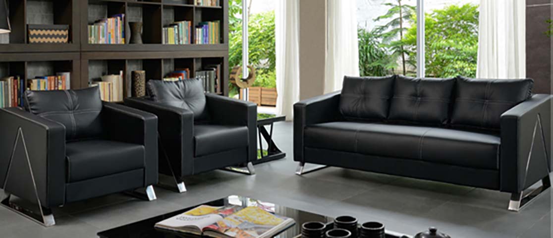 3-Piece Black Faux Leather Office Reception Sofa Set (1 Three-Seater + 2 Single Armchairs)