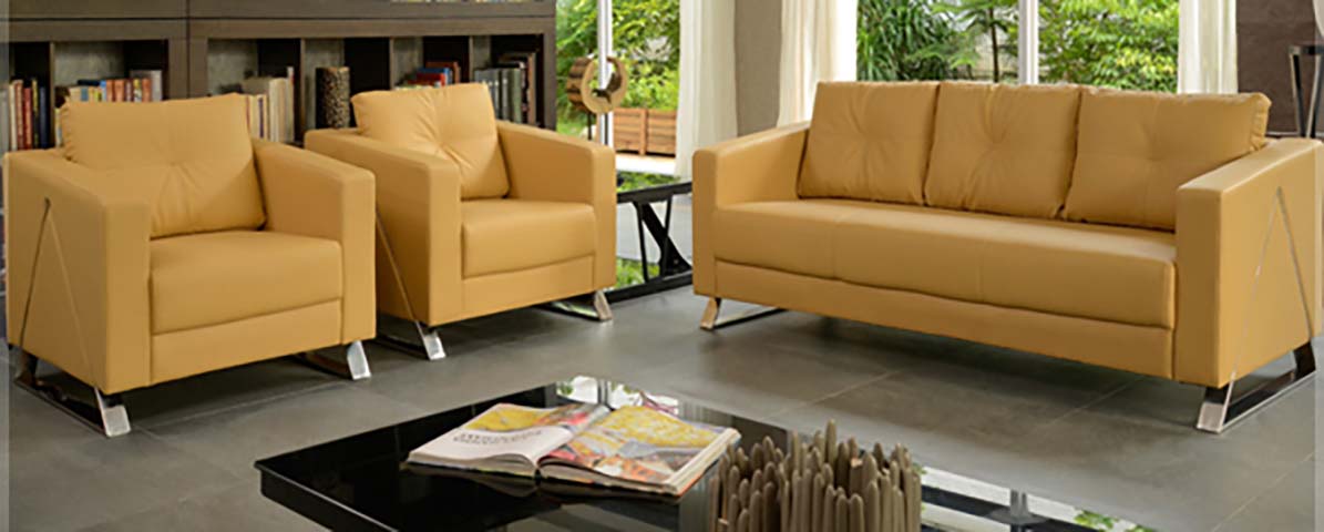 3-Piece Mustard Yellow Faux Leather Upholstered Living Room Sofa Set