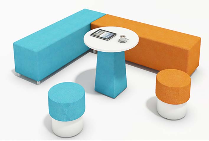 Modular L-Shape Lounge Seating Set with Round Side Table and Cylindrical Stools