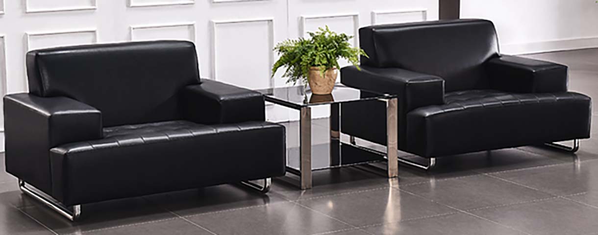 Black Faux Leather 2-Piece Single-Seat Office Sofa Set with Glass Side Table
