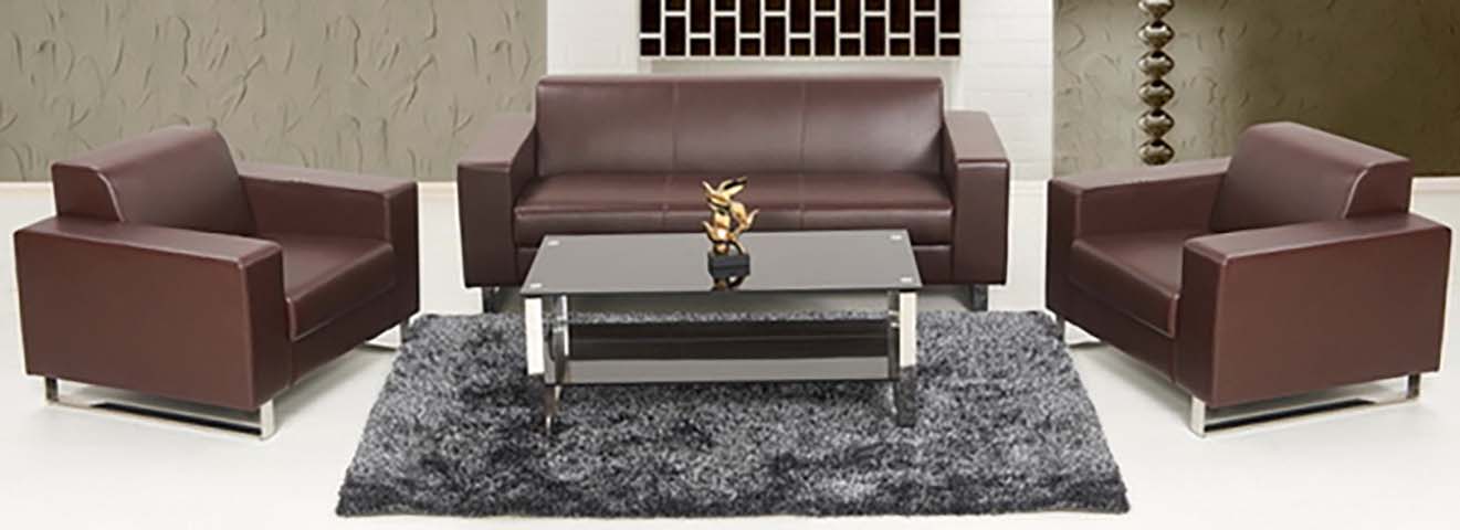 3-Piece Brown Faux Leather Office Reception Sofa Set with Glass Coffee Table