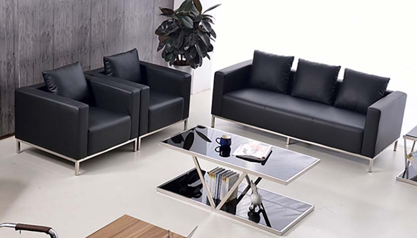 3-Piece Black Faux Leather Office Reception Sofa Set with Matching Glass Coffee Table