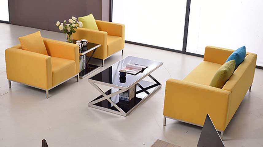 3-Piece Yellow Fabric Office Reception Sofa Set with Glass Coffee Table