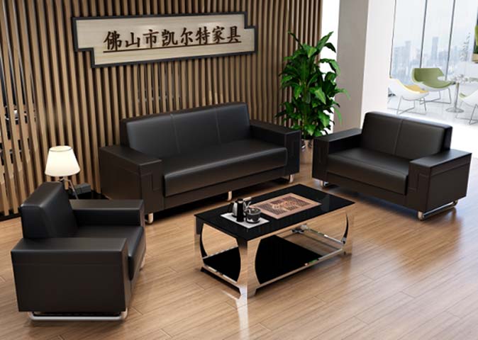 Black Faux Leather Office Reception Sofa Set with Glass Coffee Table