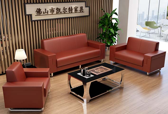 3-Piece Red Leather Office Reception Sofa Set with Glass Coffee Table