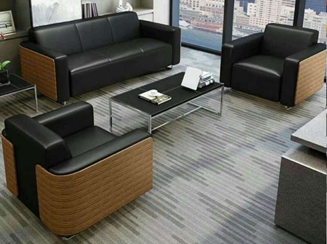 Black Faux Leather Walnut Veneer Office Reception Sofa Set with Metal Frame Coffee Table