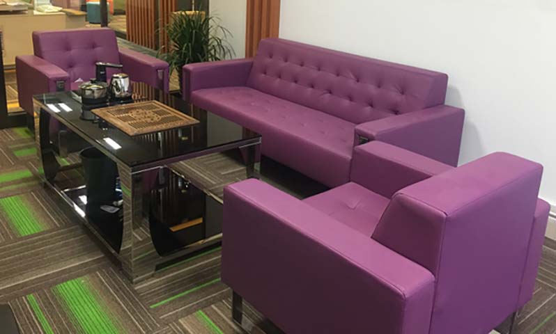 3-Piece Tufted Purple Upholstered Office Reception Sofa Set with Glass Coffee Table