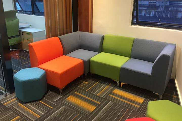 L-shaped Modular 4-seat Upholstered Office Lounge Sofa with Matching Hexagonal Ottomans