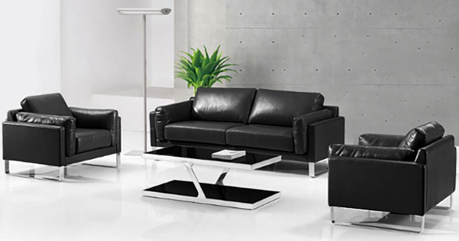 3-Piece Black Leather Office Reception Sofa Set with Glass Coffee Table