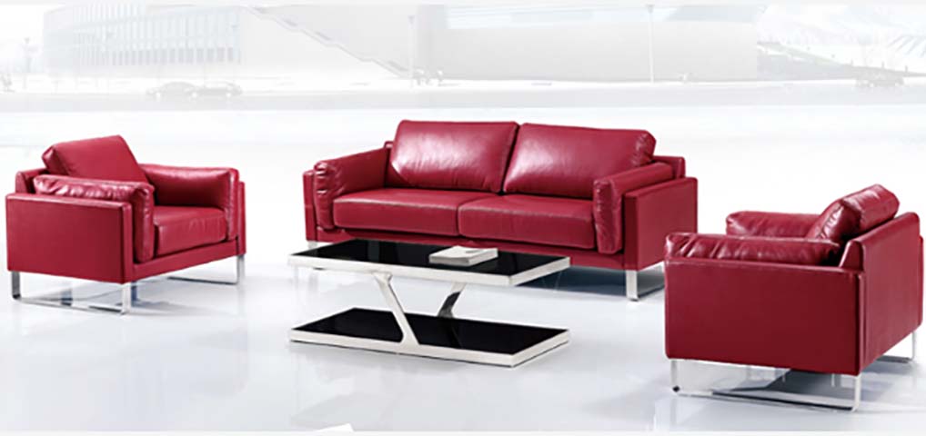 3-Piece Red Faux Leather Office Reception Seating Set with Glass Coffee Table