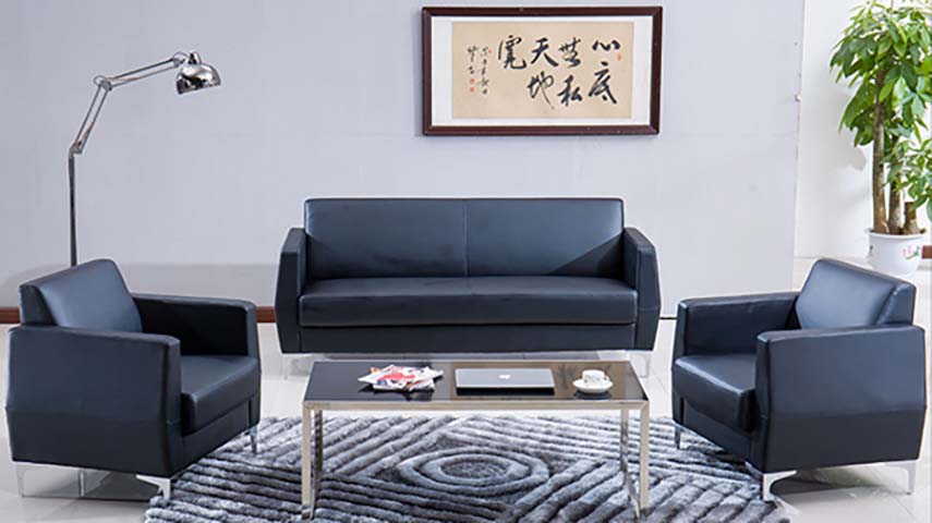 3-Piece Black Faux Leather Office Reception Sofa Set with Glass-Top Coffee Table