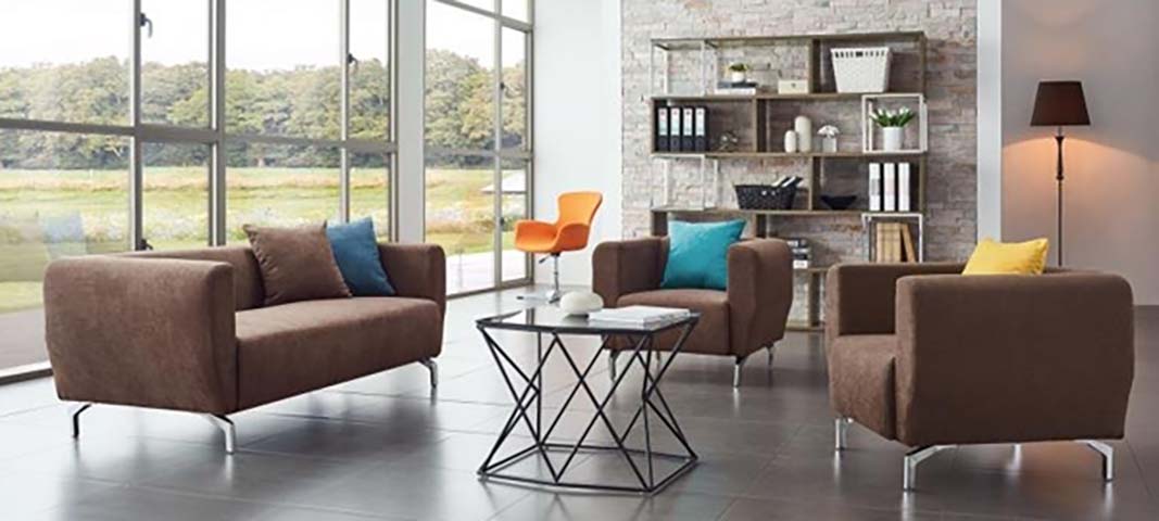 3-Piece Brown Fabric Commercial Office Lounge Seating Set with Chrome Legs