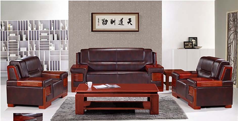 5-Piece Executive Office Reception Sofa Set with Solid Wood Frame, Dark Brown PU Upholstery, Matching Coffee & Side Tables