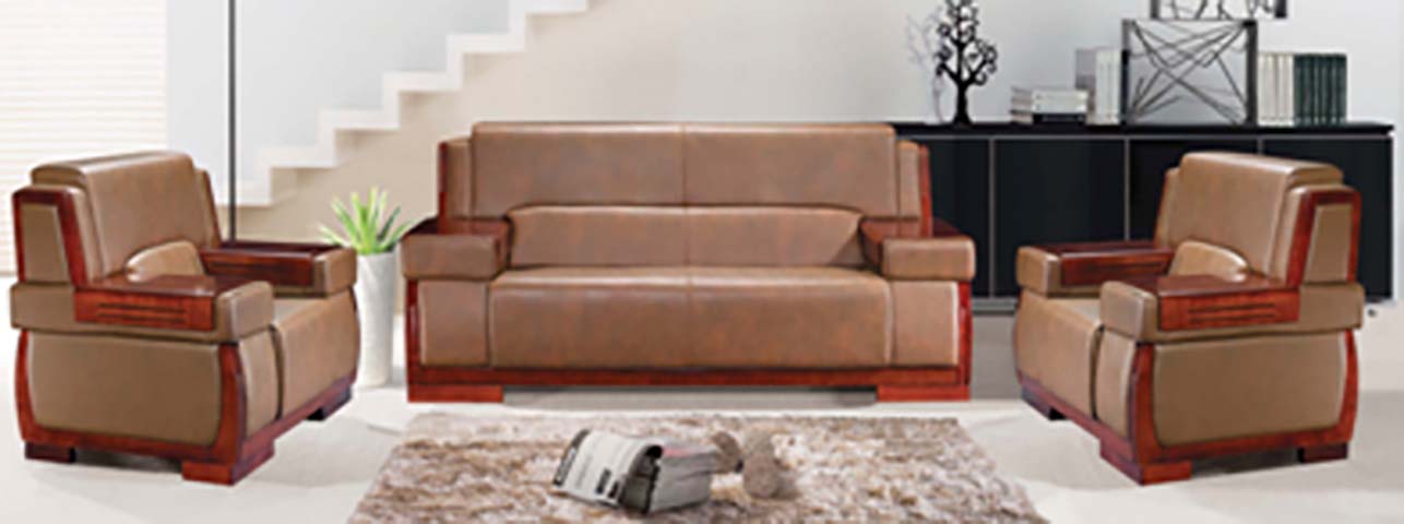 1+1+3 Seating Set Wood-Trimmed Brown Leather Office Reception Sofa