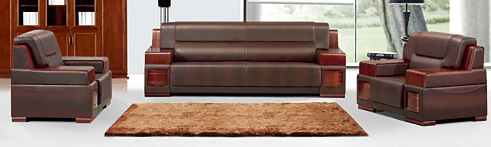 3-Piece Executive Office Leather Sofa Set with Solid Wood Accents