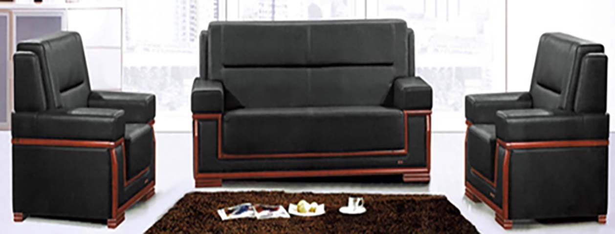 3-Piece Black Faux Leather Office Reception Sofa Set with Solid Wood Trim