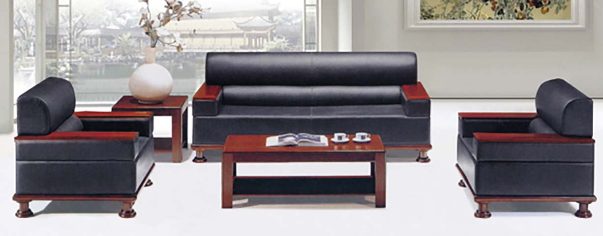 Traditional Commercial Wood-Framed Leather Office Reception Sofa Set with Coffee Tables