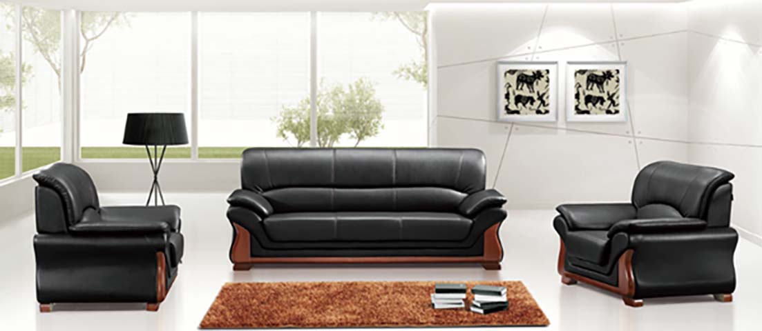 3-Piece Black Faux Leather Office Reception Sofa Set with Wood Trim (3-Seater + 2 Single Armchairs)