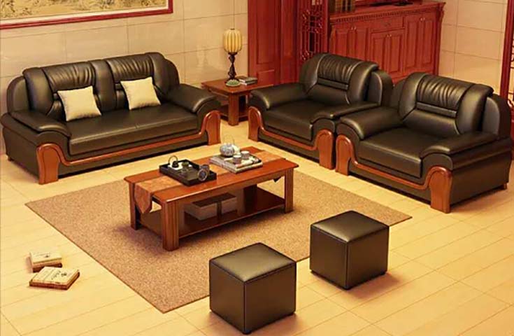 Traditional Genuine Leather Wood Frame Living Room Sofa Set (1+1+3 Seater with Ottoman Stools and Coffee Table)