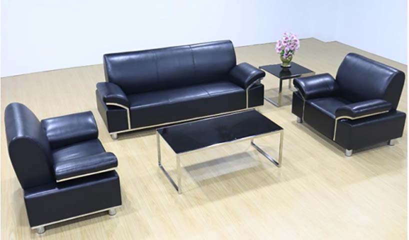 5-Piece Black Faux Leather Office Reception Seating Set with Glass-Top Coffee & Side Tables