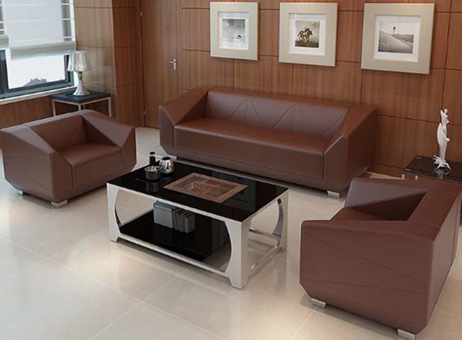 Diamond-Stitched Brown Faux Leather Office Reception Sofa Set (3-Seater + 2 Single Armchairs + Coffee Table)