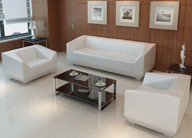 Modern White Faux Leather Office Reception Seating Set with Glass Coffee Table