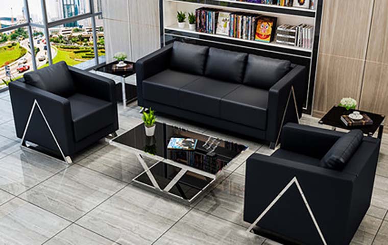 Modern Office Reception Sofa Set with Geometric Chrome Accents (3-Seater + 2 Single Armchairs + Matching Coffee Table, Side Tables)