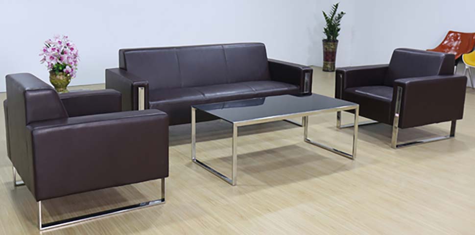 3+1+1 Dark Brown Faux Leather Office Reception Seating Set with Glass Coffee Table