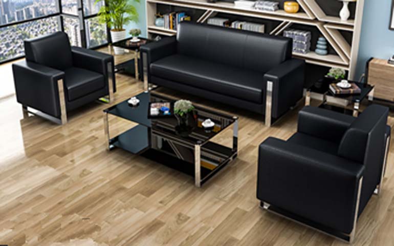 3-Piece Modern Black Leather Executive Office Reception Sofa Set with Matching Coffee Table