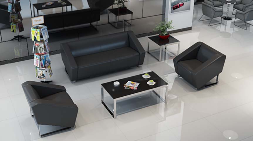 Black Faux Leather Office Reception Seating Set with Glass Coffee Table