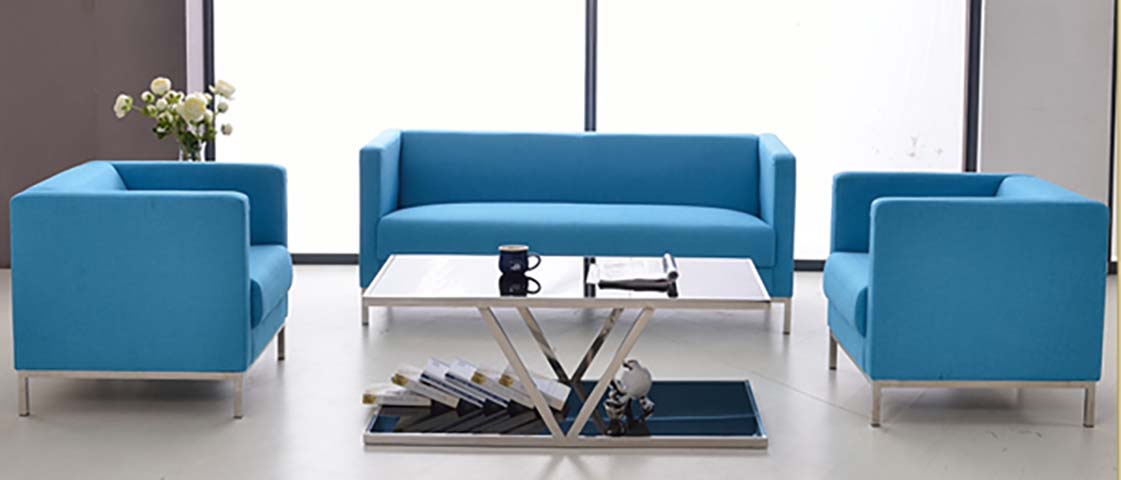 Modern Blue Fabric Office Reception Seating Set with Glass Coffee Table