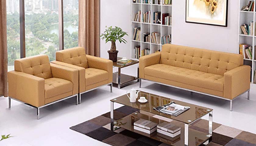 3-Piece Tan Faux Leather Tufted Office Reception Sofa Set