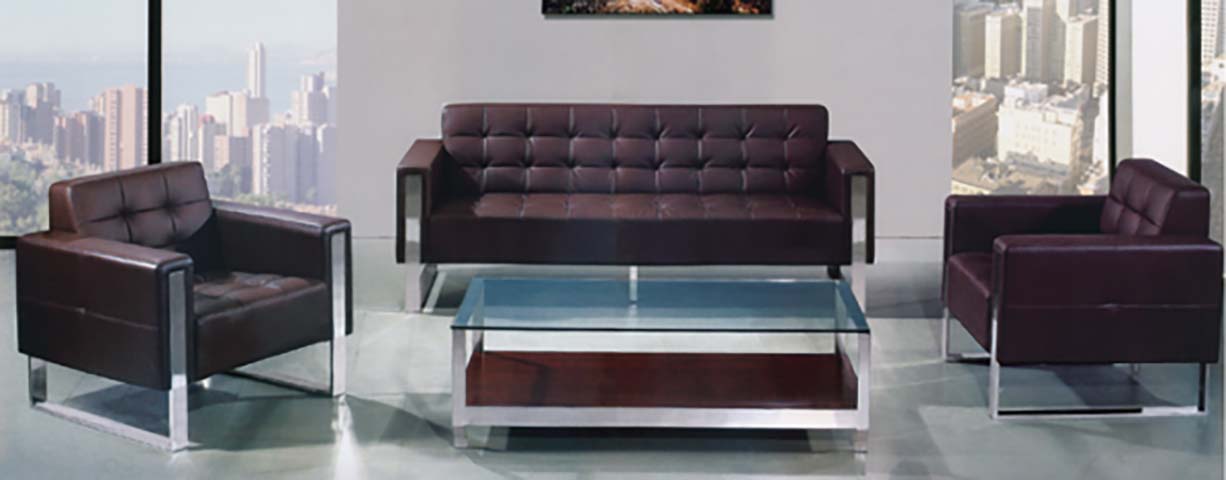 Modern Tufted Brown Faux Leather Office Reception Sofa Set with Matching Coffee Table