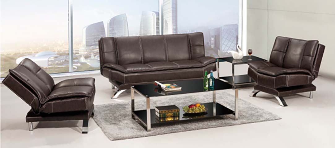 5-Piece Brown Faux Leather Living Room Sofa Set with Glass Tables & Chaise