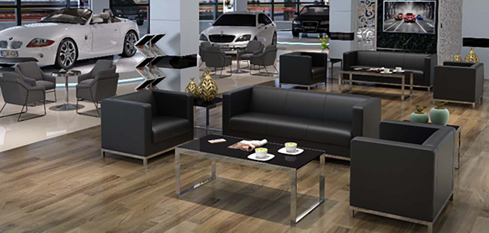 3-Piece Black Faux Leather Office Reception Seating Set with Stainless Steel Frames and Matching Coffee Table