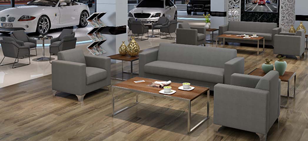 Gray Fabric 3+1+1 Reception Lounge Sofa Set with Matching Coffee & Side Tables