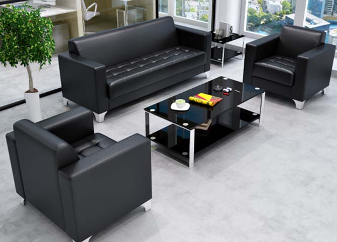 1+1+3 Black Faux Leather Office Reception Sofa Set with Glass Coffee Table