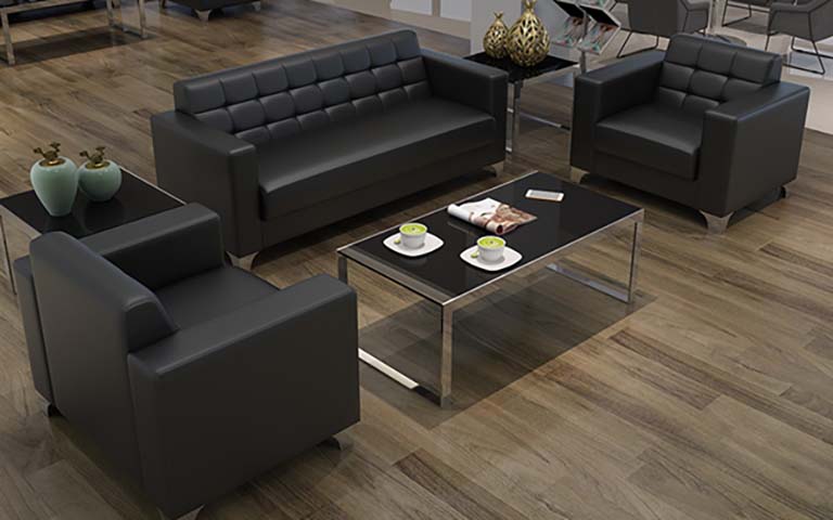 Modern Black Faux Leather 3+1+1 Office Reception Sofa Set with Matching Coffee & Side Tables