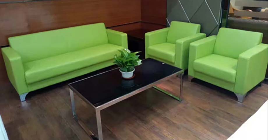 3-Piece Lime Green Faux Leather Office Reception Sofa Set with Black Glass Coffee Table