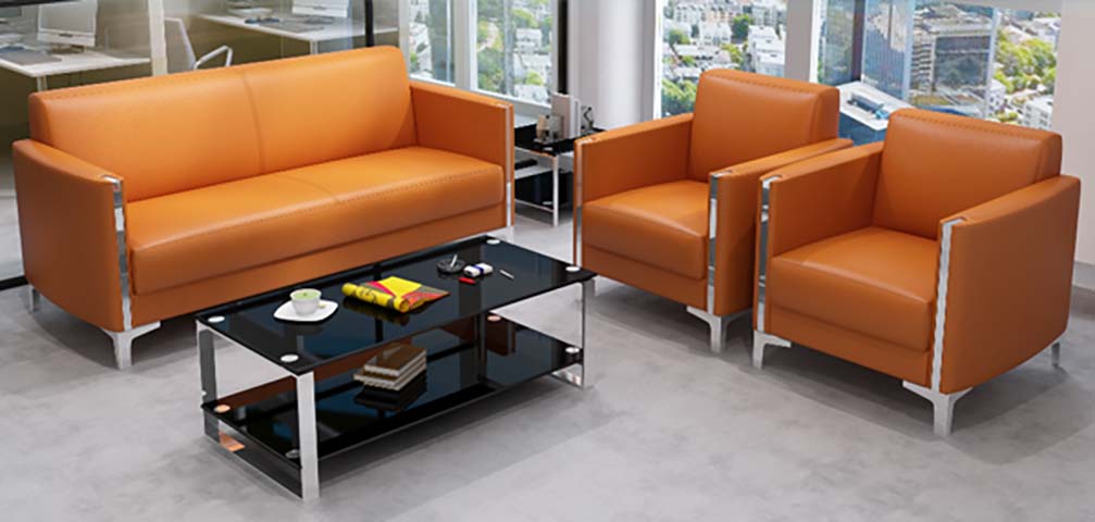 3-Piece Orange Faux Leather Office Reception Sofa Set with Glass Coffee Table